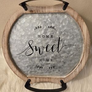 Round Wooden Handle Metal Decorative Tray Pickup" Home Sweet Home"